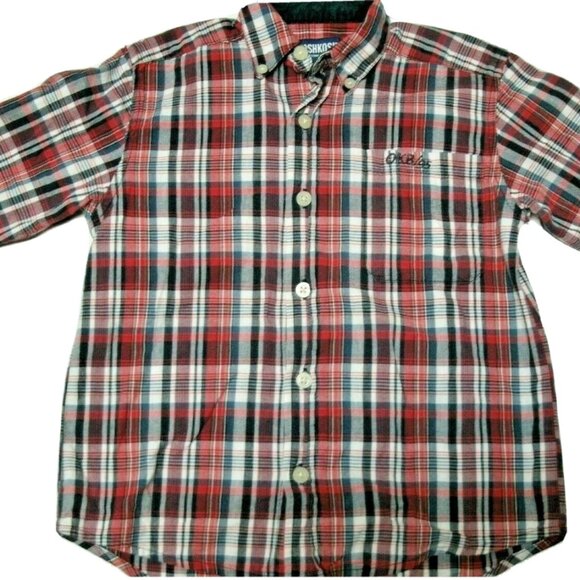 Oshkosh Boys Shirt Button Down Plaid Red Navy Long Sleeve Size 5 - Picture 1 of 10